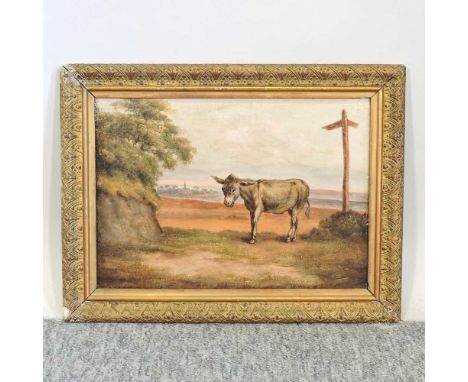 English school, 20th century, a donkey in a landscape, oil on panel23 x 31cm