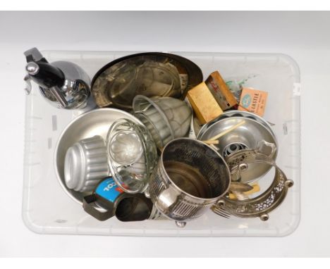 A collection of vintage mid 20th Century kitchen moulds/cake making, jelly moulds along with silver plated items, flatware an