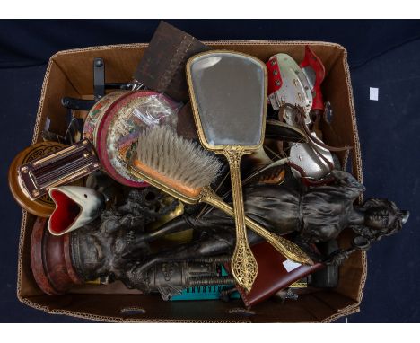 A mixed lot containing a French spelter figure, cobblers last 1970s roller skates, scales, vintage marbles, weights etc.