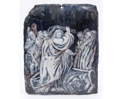 A 17th century Limoges en grisaille painted enamelled plaque on copper, of rectangular shape with religious scene depicting "