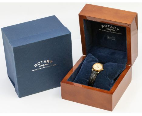 A ladies 9ct cased Rotary wristwatch, round cream dial, approx 20mm, quartz, on leather strap, total gross weight approx 14gm