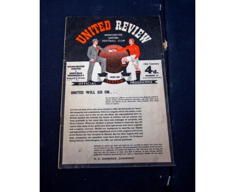 A Manchester United vs Sheffield Wednesday football program dated 19th February 1958, first game they played since the Munich