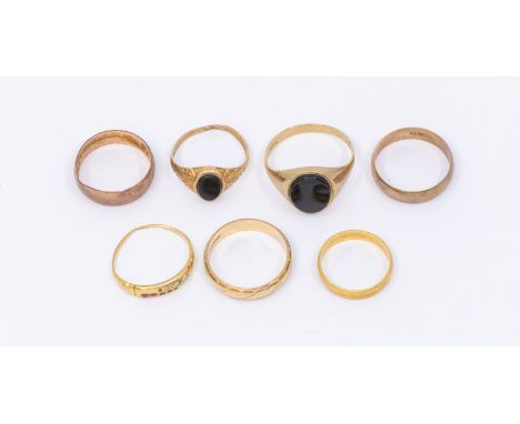 A collection of gold rings, including 18ct gold band, size K, weight approx 2gms, a ruby and diamond weighable stone set ring