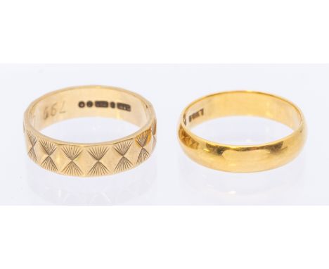 An 18ct gold D section width approx 4mm, size K, weight approx 2.8gms, along with a faceted 9ct gold band, size L, weight app