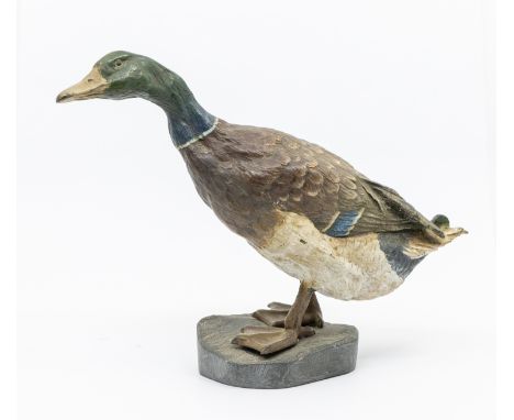 An early 20th century cold painted bronze model of a Mallard, attached to stone base, unmarked, approx. 15.8cm high.  Further