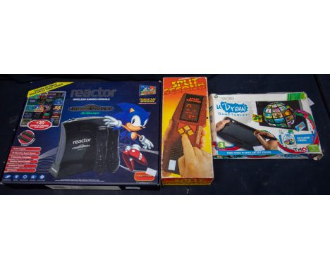 1970s electronic battery operated spilt second boxed game, X box 360 "U Draw", game tablet with box along with a box reactor 