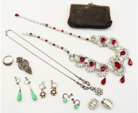 A collection of costume jewellery to include a 1930's paste set necklace, paste set yellow metal ring, probably 9ct gold (dam