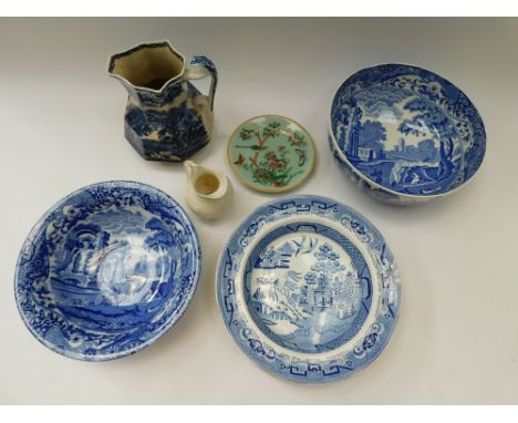 A Spode's Italian Copeland, blue and white transfer large bowl; a matching smaller shallow bowl with curved rim; four 19th ce