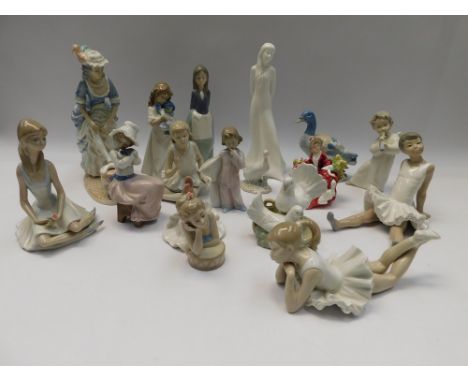 A collection of 17 ceramic figures to include 8 Nao models, 1 Lladro model , 3 other Spanish figures , 2 other bird figures t