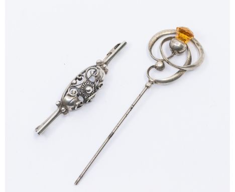 A Charles Horner silver paste set stick pin, length approx 90mm, Chester 1910, together with a Danish silver brooch marked H 