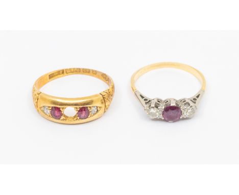 Two diamond and ruby set 18ct gold rings both with worn shanks damage, one stone missing, combined total gross weight approx 