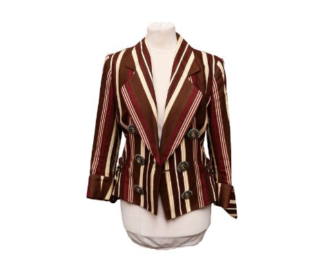  A Christian Dior jacket (late 1970s/early 1980s) with wide lapels, linen/cotton, vibrant stripes of maroon, beige and white 