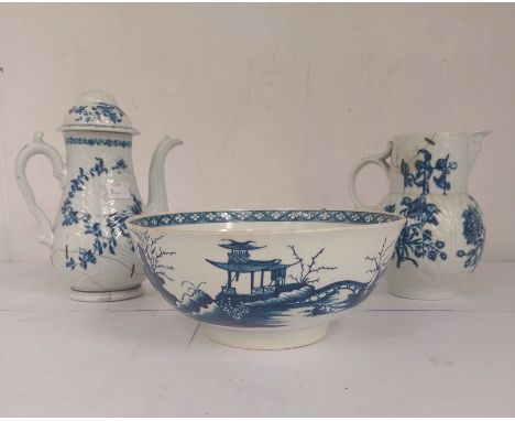 Early Worcester feather moulded blue and white coffee pot and cover repaired with staples and finial missing circa 1775 toget