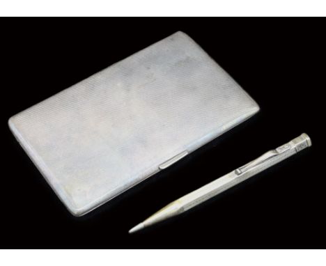 A George VI silver cigarette case, of rectangular shape with engine turned decoration, initialled cartouche top left, engrave