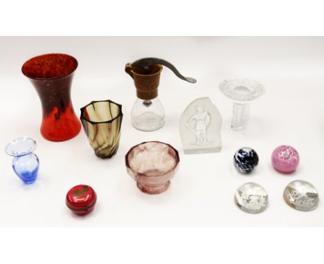 A selection of 20th century glassware to include; a Strathearn glass flame orange vase with fish pontil mark (interior fractu