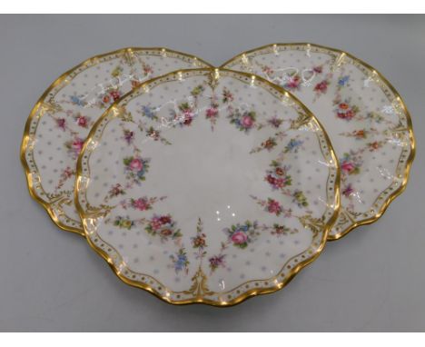 3 Royal Crown Derby fluted rim plates in the Antoinette pattern , all first quality and in good condition with no chips, crac