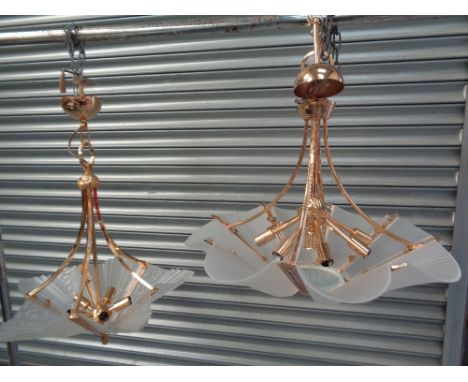 1 Art Deco style Vintage chandelier with glass inserts and gilded finish (only 1 chandelier) with spare glass fittings in 1 b