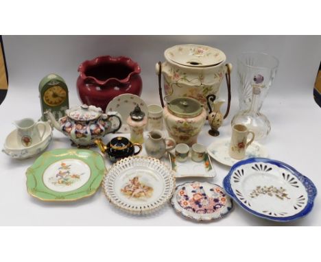 A collection of 19th Century/early 20th Century china and porcelain items to include glass vases, decanters, biscuit barrel, 