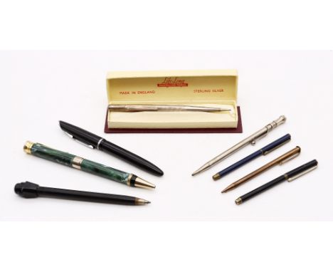 A small collection of mixed pens or pencils to include; a boxed "Life-Long" sterling silver propelling pencil with engine tur