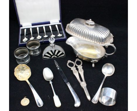 A collection of silver and plate to include; a cased set of six Elizabeth II silver and guilloche enamel coffee spoons, decor