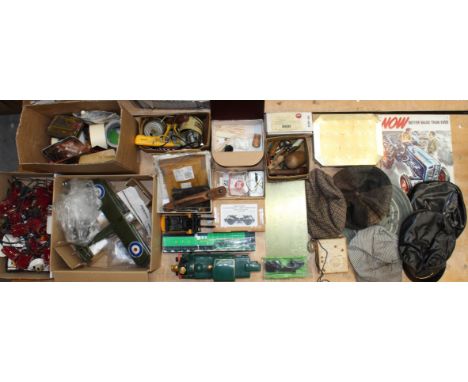 A collection of assorted railwayana, model railway and other spares, repairs and tools. Coach Bogie Kit, flatcaps, model plan