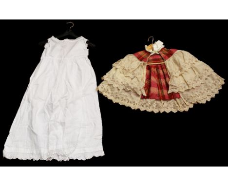  A cream babies christening cape, a silk mix plaid yoke and circular shape fabric added to this item, finished with a stain b
