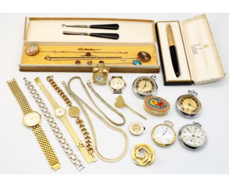 A collection of watches and costume jewellery comprising chrome and plated pocket watches including Ingersoll, along with Ing