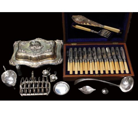 A collection of plated items to include; a cased set of early 20th century fish knives, forks and servers, with ivorine handl