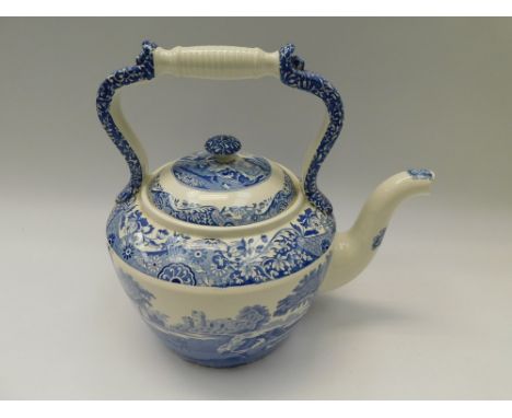 A large Spode Italian blue and white top handle teapot. Black factory mark to base. In good condition with no chips, cracks o