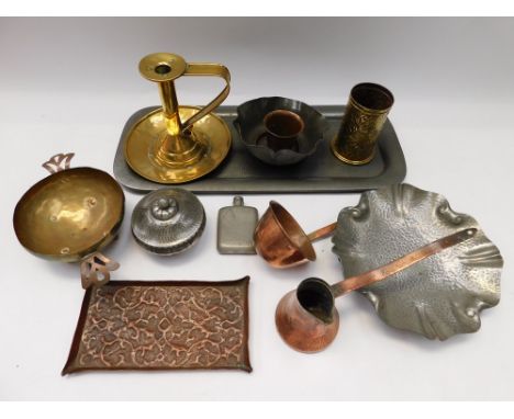 A collection of metalware to include; a Tudric pewter curved rectangular planished tray, approx. 50.8cm long; an English Pewt