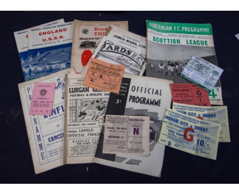 1950s/60s football programs to include England, USSR, Ajax V GVA, Linfield, Distilery Hibernian along with a collection of ti