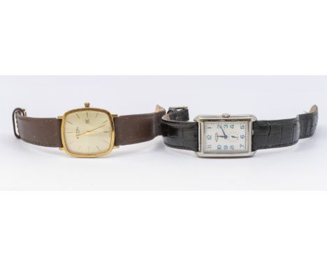 Rotary- a gentleman's vintage plated wristwatch, comprising a cushion shaped champagne signed dial, applied gilt baton marker