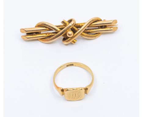 An 18ct gold cartouche shaped initialled signet ring, width approx 8mm, size K, weight approx 3.2gms along with a early 20th 