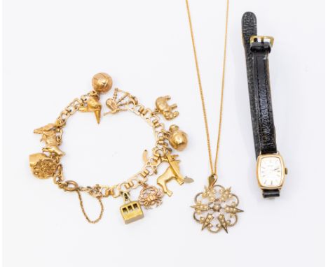 A collection of jewellery to include a 9ct gold cased ladies Accurist wristwatch on leather strap, a 9ct gold pearl set star 