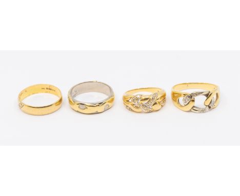 A collection of four 18ct gold rings to include two diamond set two tone versions, sizes L and R (two stone missing and white