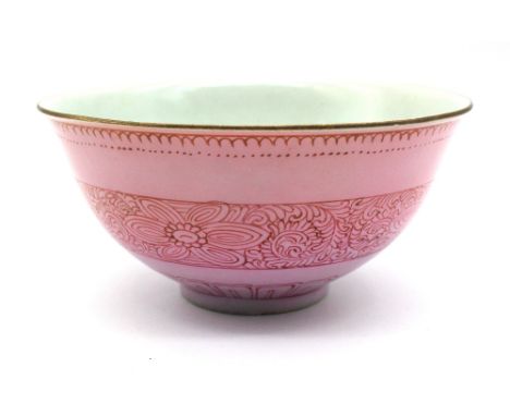 A Chinese pink enamel bowl with seal mark to base