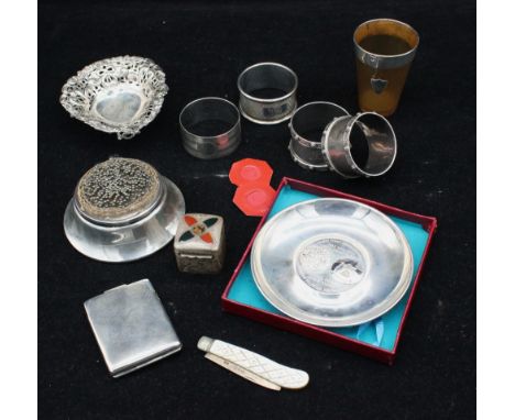 A collection of silver items to include; a small Victorian silver trinket dish, pierced sides and foot, Levi & Salaman, Birmi