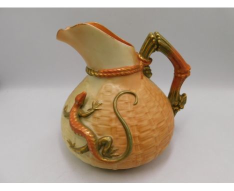 An&nbsp; Royal Worcester blush ivory porcelain basket weave jug, mounted with gilt highlighted salamander and bamboo effect h
