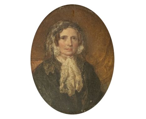 Attributed to Reginald Easton (British, 1807-1893)  Portrait miniature of a Miss Harland in black with white lace shawl oval,
