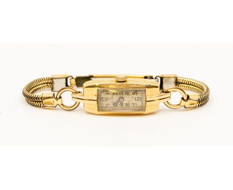 A ladies Art Deco 9ct gold cased wristwatch on later plated strap, total gross weight approx 16.2gms in a vintage leather bou