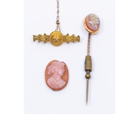 A 9ct gold agate carved cameo stick pin (plated pin) Victorian 15ct gold sweetheart brooch with later metal pin and safety ch
