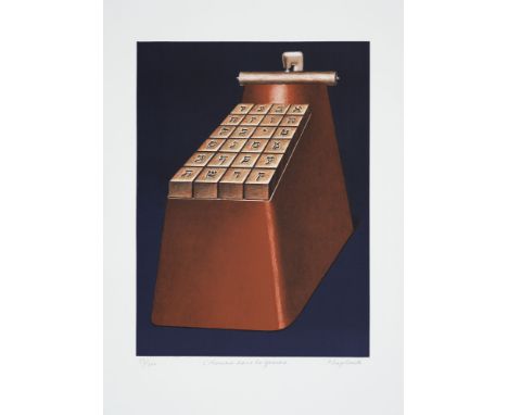 Konrad Klapheck.  (1935 Düsseldorf -  lebt u. arbeitet in Düsseldorf). Le`homme dans la femme. 1986. Farblithographie auf Büt