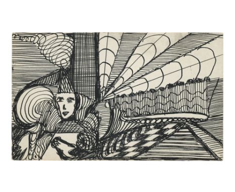 Art Brut - - Madge Gill.  (1882 - 1961). February 19th 1948. Tinte auf leichtem Karton. 8,3 x 13,5 cm. Punktuell auf Unterlag