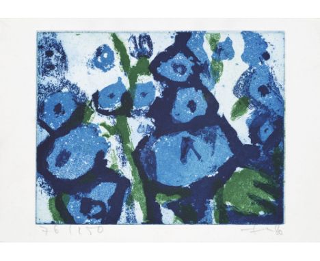 Klaus Fußmann (1938 Velbert -  lebt in Berlin)Ritterspron. 1987. Farbaquatintaradierung auf chamoisfarbenem Bütten. 18,5 x 24