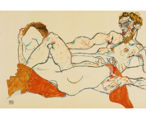 Expressionismus - - Egon Schiele - nach.  (1890 Tulln a. Donau - 1918 Wien). Set aus zwei Graphiken. 1 Blatt mit einem weibli