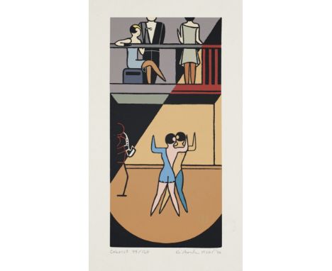 Gerd Arntz (1900 Remscheid - 1988 Den Haag)Cabaret. 1976. Farbserigraphie auf cremefarbenem Papier. 22 x 10,5 cm (42 x 29,5 c