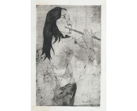 Horst Janssen.  (1929 - 1995 Hamburg). Roswitha Querflöte spielend. 1972. Kaltnadelradierung auf chamoisfarbenem Bütten. 49 x