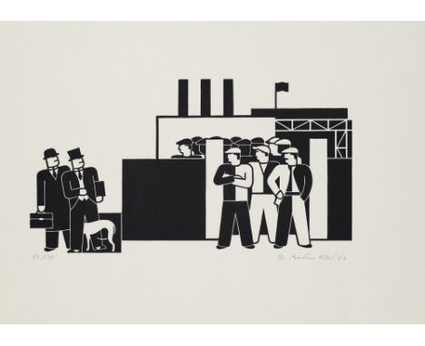 Gerd Arntz (1900 Remscheid - 1988 Den Haag)Kapital und Arbeit. 1987. Holzschnitt auf cremefarbenem Bütten. 15 x 26,5 cm (26 x