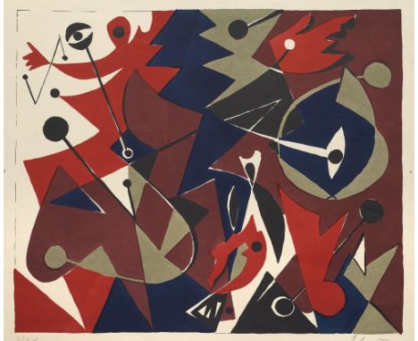 Ernst Wilhelm Nay.  (1902 Berlin - 1968 Köln). Komposition in Rot. 1951. Farblithographie auf chamoisfarbenem Papier. 34 x 40