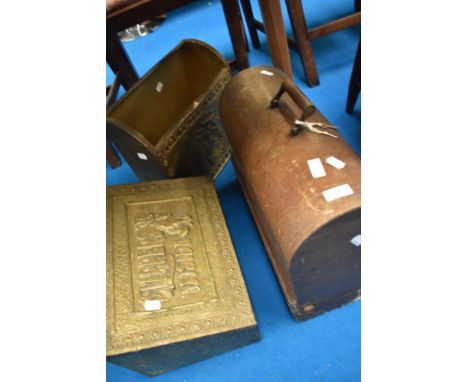 A vintage sewing machine and brass slipper box and similar magazine rack